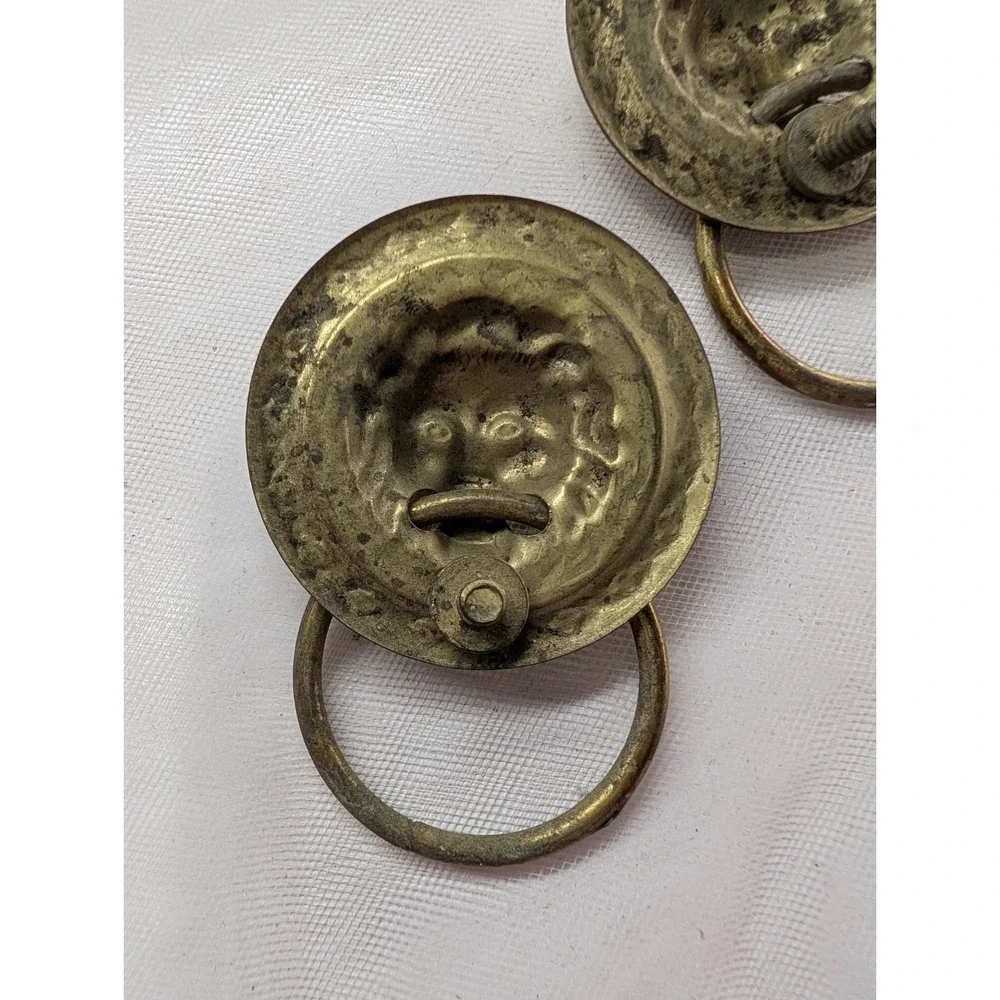 Brass Chamberstick Candle Holder & Pair of Lion Head Ring Pulls Vanity Hardware